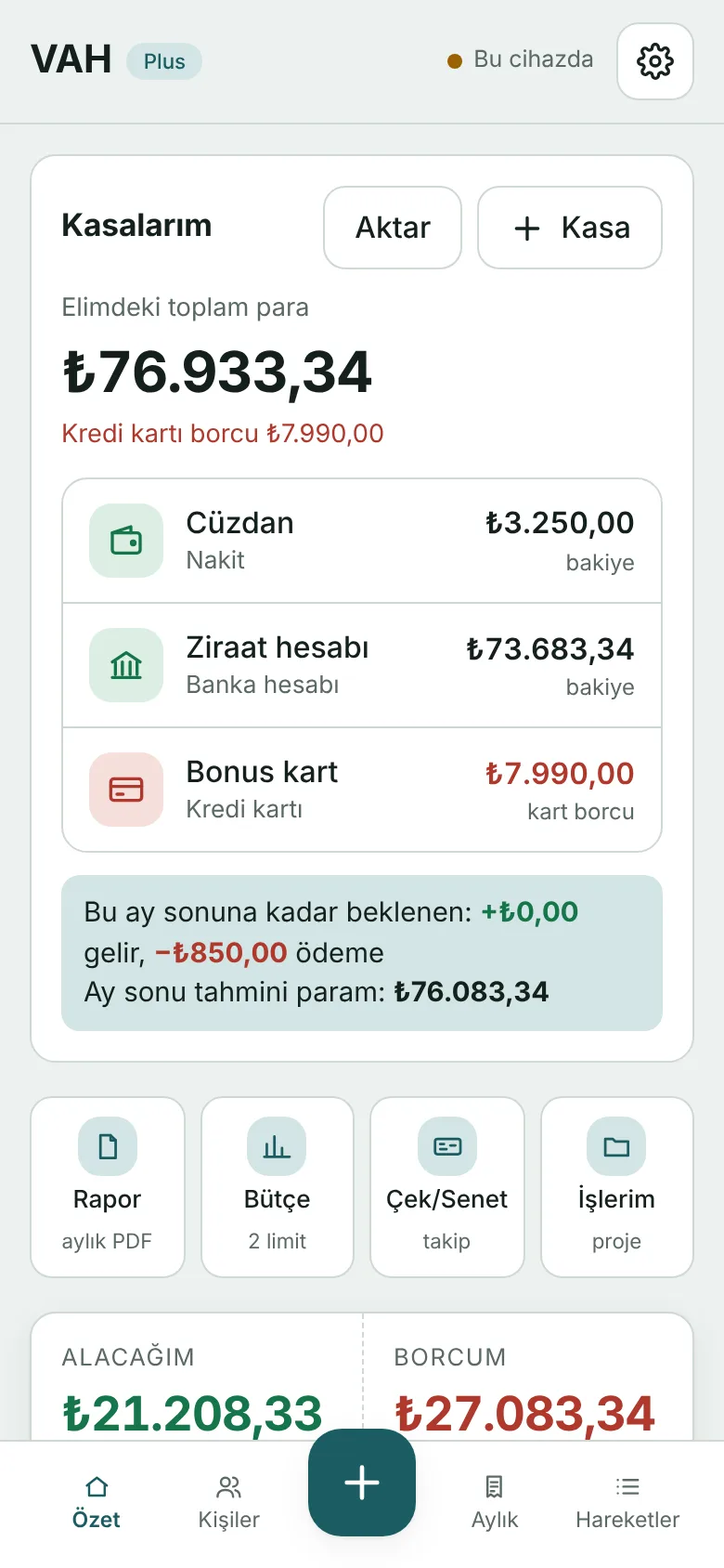 VAH özet ekranı: kasalar, toplam para, ay sonu tahmini, alacak ve borç toplamları